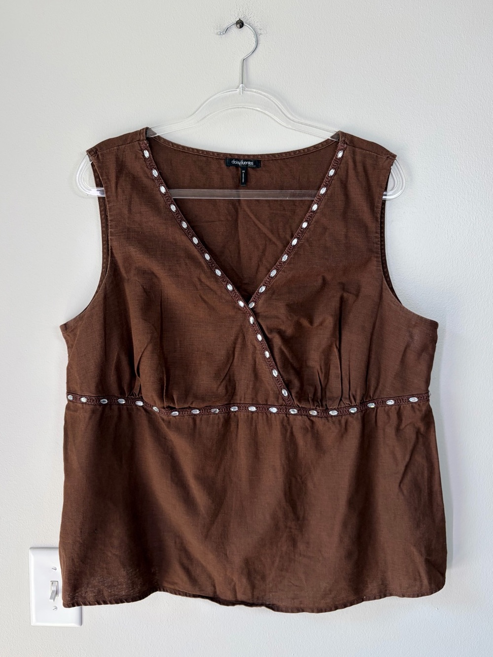 Daisy Fuentes Y2K Brown Coffee Bean Linen Cotton Blend V-Neck Gemstone Tank Top